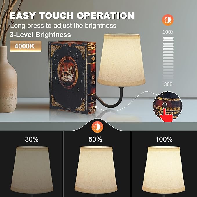 Vintage Bookshelf Lamp Rechargeable, Cordless Book Lamp with Linen Shade, Dimmable Touch Control Table Lamp, Modern Decorative Bookend, Bookshelf Lights for Office Home, Library, Study