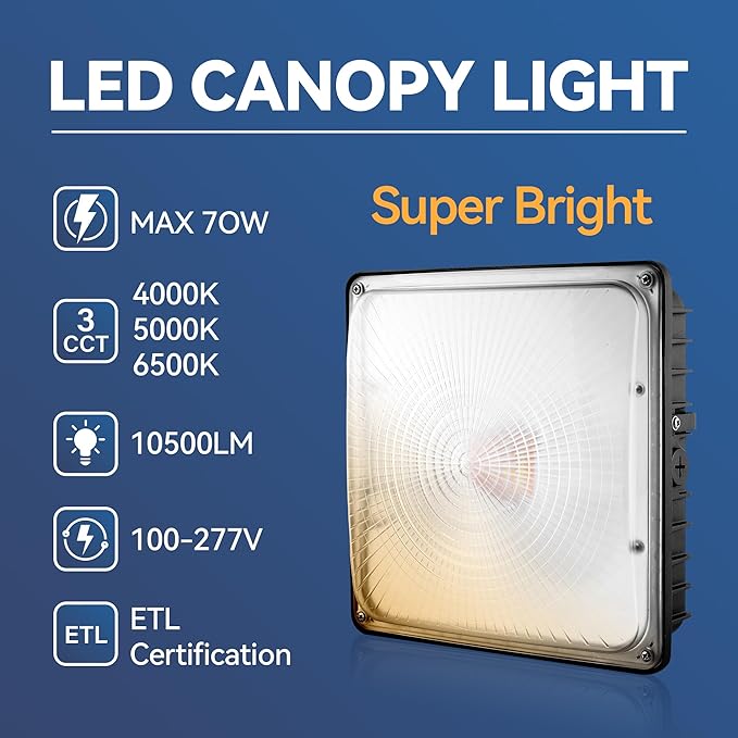 LED Canopy Light 70W 10500LM, Selectable Wattage 30/45/60/70W, 3CCT 4000/5000/6500K, LED Canopy Lights Outdoor for Gas Station, Carport, Garage, Shop, IP65 Waterproof, 0-10V Dim, 100-277V, ETL Listed