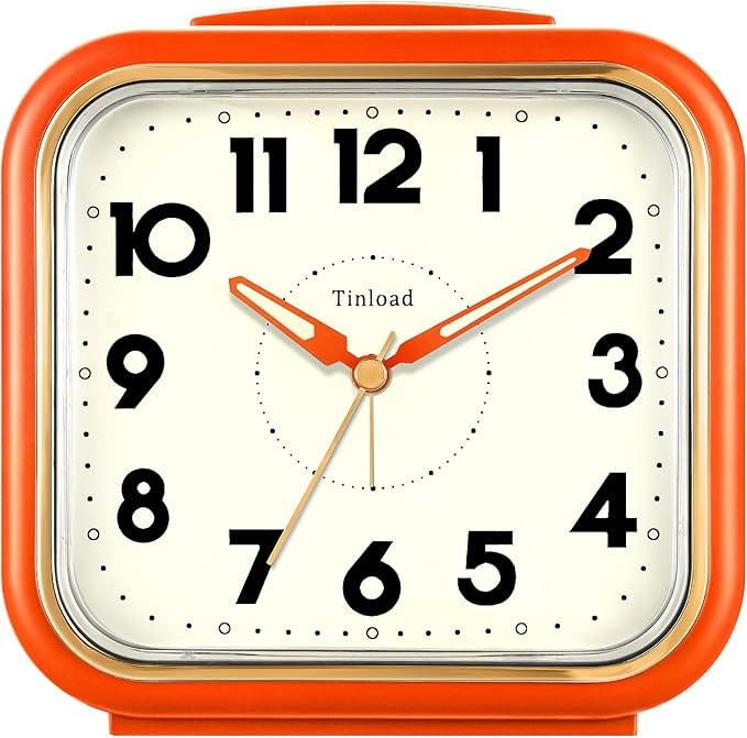5.5" Large Analog Alarm Clock • Silent Non Ticking • Gentle Wake • Beep Sounds • Increasing Volume • Battery Operated Snooze and Manual Light • Retro Orange