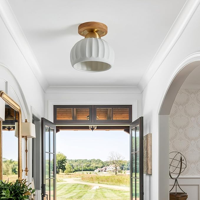 White Ceramic Wood Brass Base Semi Flush Mount Ceiling Light Vintage Hallway Light Fixtures, Modern Small Flush Mount Ceiling Light Lamp for Hall Kitchen Entryway Passway Porch Foyer