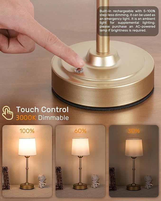 Gold LED Cordless Table Lamp Rechargeable-6000mAh Battery Operated Table Light,Wireless Lamps for Living Room Restaurant/Patio/Home/Dining/Dinner/Bedside/Nightstand/Desk lamp-Touch Control