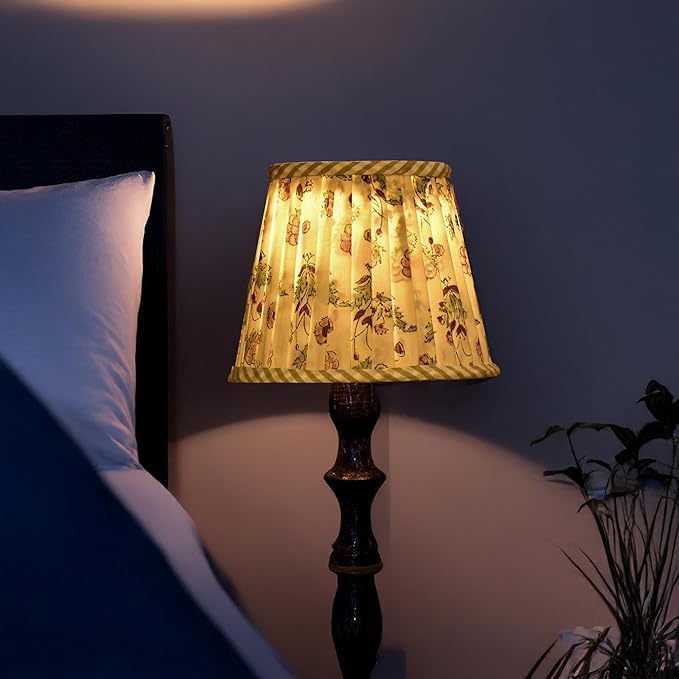 Ridhi Pleated Block Print Lamp Shade jasmine yellow Floral Medium 4" Top x 6" Bottom x 5" High Spider with Harp and Finial Fitting