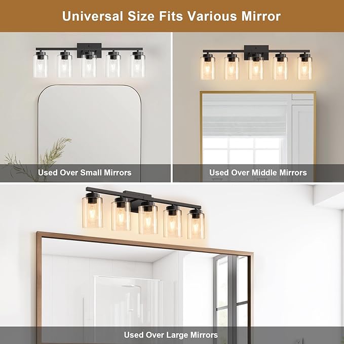 IZORRO Black Bathroom Vanity Light, 5-Light Vanity Lighting fixtures Over Mirror, Wall Lights with Clear Glass Shades, E26 Socket (Bulbs Not Included)