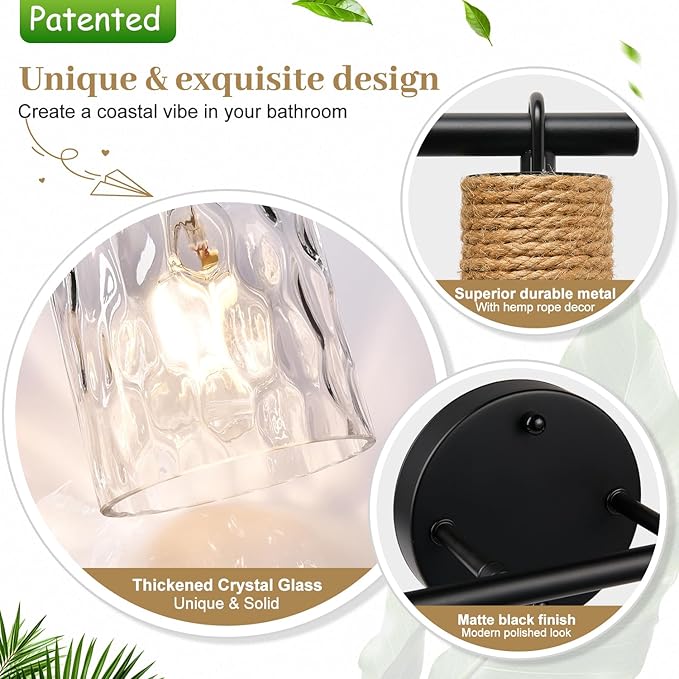 2025 Upgrade Bathroom Light Fixtures, 2-Light Coastal Vanity Lights with Crystal Glass Shade, Black Bathroom Wall Lamp for Mirror Kitchen Hallway Cabinet