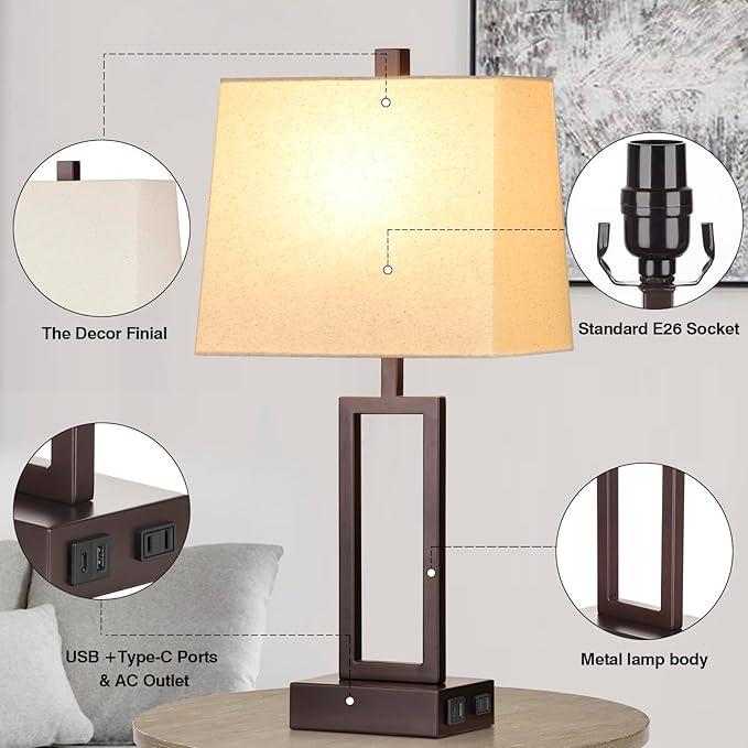 Touch Control Table Lamps Set of 2, Modern Brown Bedside Lamps with USB A+C Ports & AC Outlet, 3 Way Dimmable Contemporary Nightstand Lamps for Bedroom Living Room(LED Bulb Included)