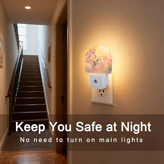 Hummingbird with Pink Flowers Night Light, Dusk-to-Dawn Auto Sensor Plug in Night Light for Kids, 0.5W Energy Saving LED NightLights for Bedroom/Bathroom, Ideal Gifts for Women Men