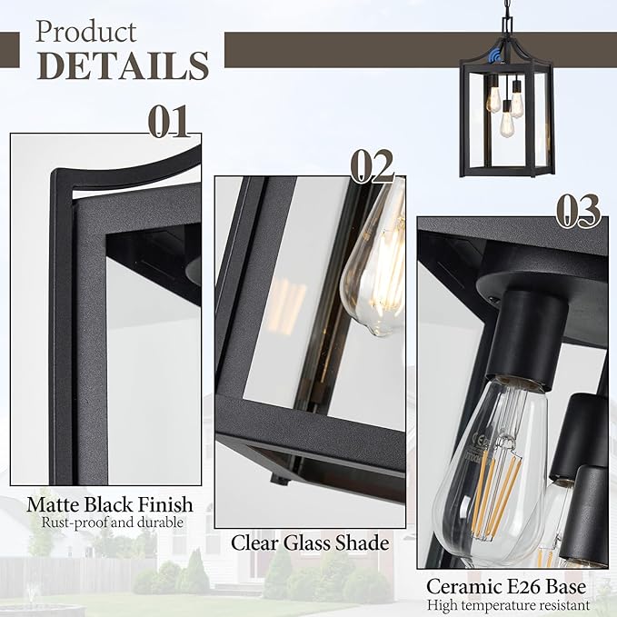 Outdoor Pendant Lights for Porch, 18.5" Large Dusk to Dawn Outdoor Chandelier with Clear Glass, Black Modern Hanging Porch Light, Adjustable Long Chain, OS-KY1004