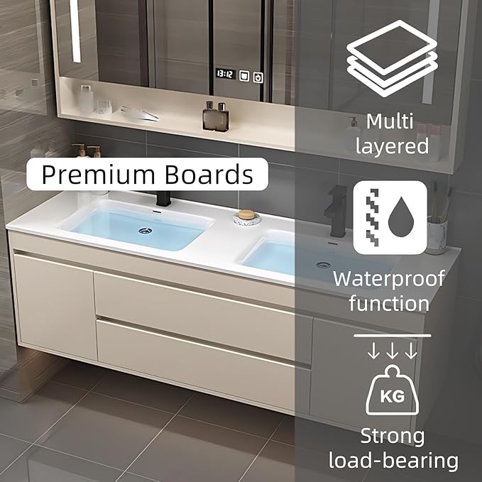 88IN Suspend Bathroom Vanity - Bathroom Cabinet with Double Sinks | Smart Defogging Mirror Cabinet Includes Time Display & LED Lighting, Open Storage Shelves, 2 Drawers (Dark Gray)