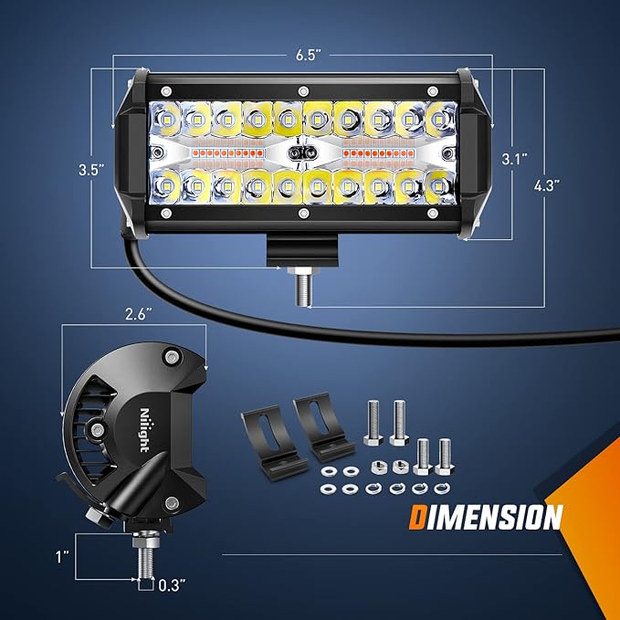 Nilight 2PCS 6.5 Inch 120W LED Light Bar Amber White Strobe 6 Modes Memory Function Off-Road Truck Car ATV SUV Cabin Boat with 16AWG Wiring Harness Kit-2 Lead