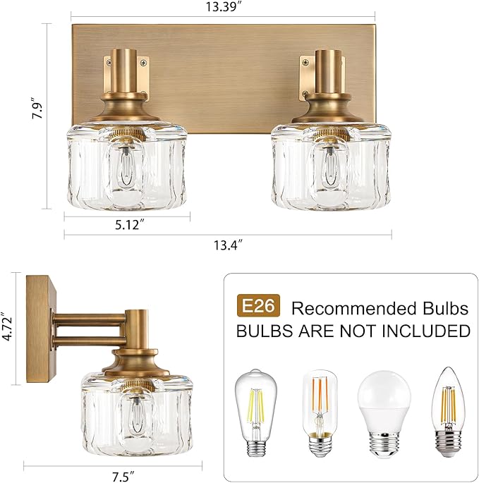 Bathroom Vanity Light Over Mirror 13.4" Vintage Crystal Glass Vanity Light 2 Lights Brass Antique Bathroom Light Fixtures(7.7 pounds