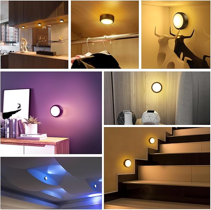 BLS LED Puck Lights with Remote Control, 13 Color Changing Under Cabinet Lighting Wireless, Push Battery Operated Night Light, Tap Battery Powered Stick on for Closet,Kitchen,Stairs,Step, Black 6 Pack