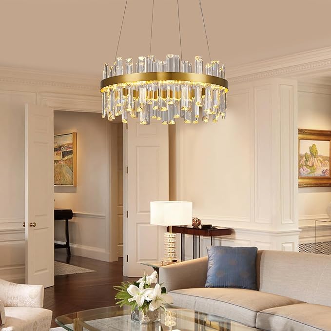 Modern Gold Crystal Led Chandelier: 19.7" Dimmable 3 Color Round Contemporary Dining Room Light Fixture over Table - K9 Adjustable Chandeliers Lighting for Bedroom Living Kitchen Island Entryway Foyer