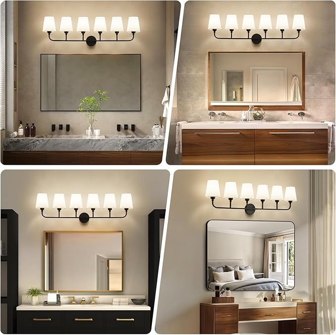 Matte Black Bathroom Light Fixtures, 6-Light Vanity Lights, Bathroom Lighting Fixtures Over Mirror with Flared White Fabric Shade, Modern Wall Sconce for Mirror Hallway Bedroom Living Room(ETL Listed)