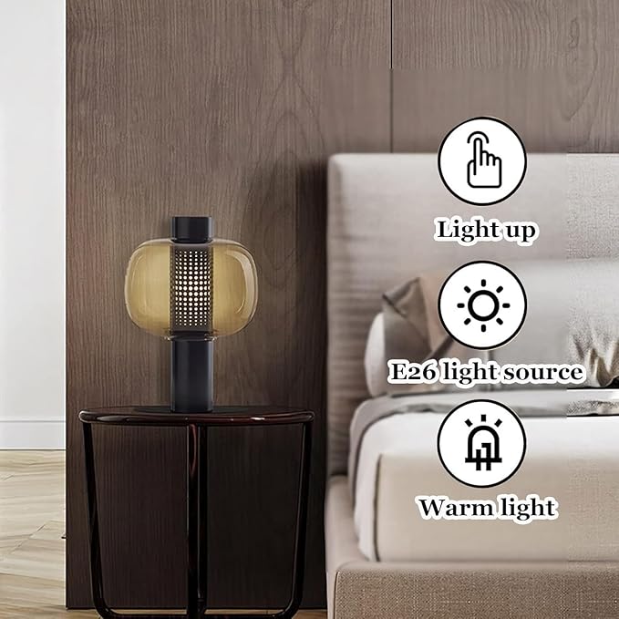 Modern Amber Glass Table Lamp Glass Shade Gold Base Desk Lamp Minimalist Design Living Room Bedroom Office Coffee Shop Dimmable LED Light Decor Ambient Lighting