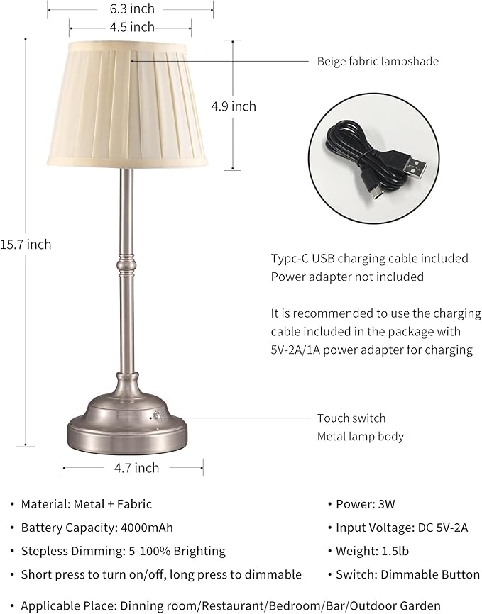 KDG Cordless LED Table Lamp Set of 2, Portables Fabric Shade Desk Lamps, 4000mAh Rechargeable Battery Powered Lighting, Dimmable Light for Dining Room, Bedroom, Bedside, Night Light, Balcony (Nickel)