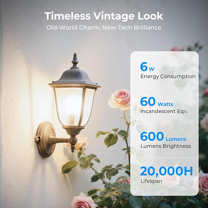 Dimmable Edison Bulbs, 4000K Daylight White, 6W Equivalent to 60 watt E26 LED Bulb, ST58 Vintage Light Bulbs, 600LM, 90+ CRI, E26 Base, Clear Glass, 6 Pack