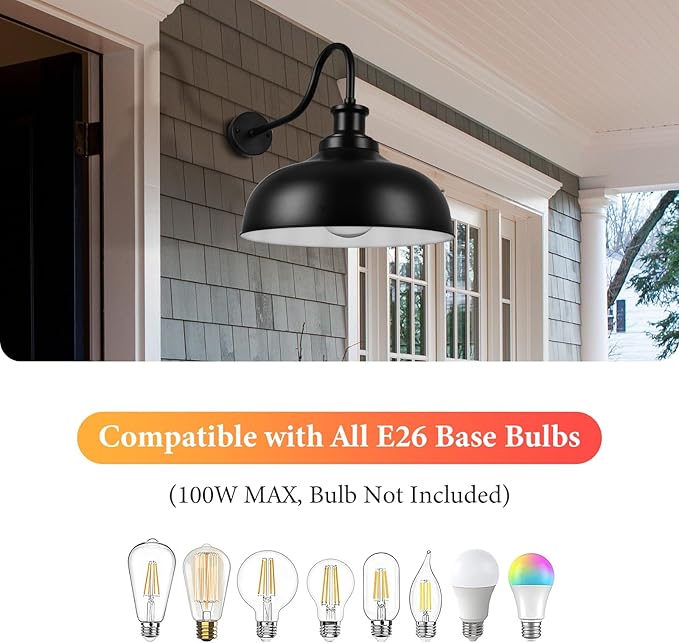Outdoor Barn Lights,16 Inch Dome Outdoor Wall Sconces Farmhouse Exterior Wall Mount Light Vintage Wall Lighting Fixture Industrial Black Lantern Lamps for Porch, Entryway, Garage, 2 Pack