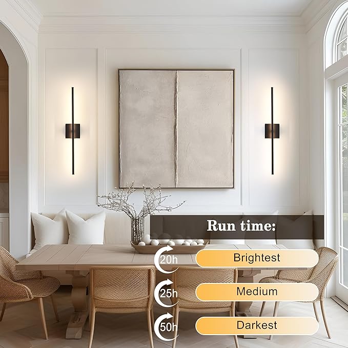 Removable Battery Operated Wall Sconces with Remote Control, Stepless Colors 3000K-6000K & Dimming, 350°Rotate, LED Black Wireless Wall Light for Living Room, Bedroom, 28.3 Inch (2 Pack)