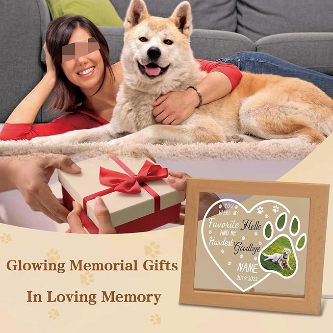 Custom Pet Memorial Night Light with Picture Frames Personalized Acrylic Plaque Sympathy Gift with Photo Name Date for Loss of Dog Cat Pet(H-Dog Paw Heart)