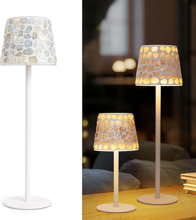 AELS Mosaic Touch Cordless Lamp, 5200mAh Rechargeable Portable LED Desk Lamp, 3 Color Stepless Dimming Battery Powered Lamp, Wireless Table Light for Dinner Patio Garden Cafe Bedroom, White