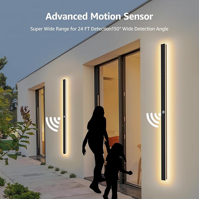 2 Pack 56.3inch Motion Sensor Long Outdoor Wall Lights 45W Black 3000K Warm White Motion Porch Lights IP65 Waterproof Exterior Wall Light Fixtures for Garage Patio Porch
