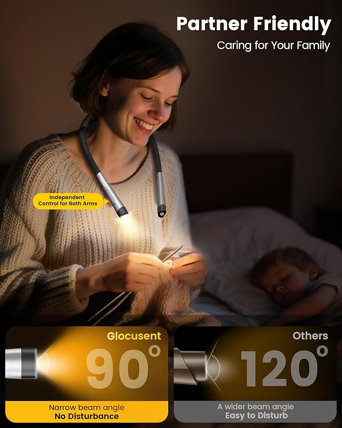 Glocusent Ergonomic Reading Light, 1600mAh Rechargeable Book Light for 100 Hrs - 3 Colors & 5 Brightness, Neck Light with Timers, Sleep Aid & Travel Lock, Perfect for Reading, Knitting & Craft
