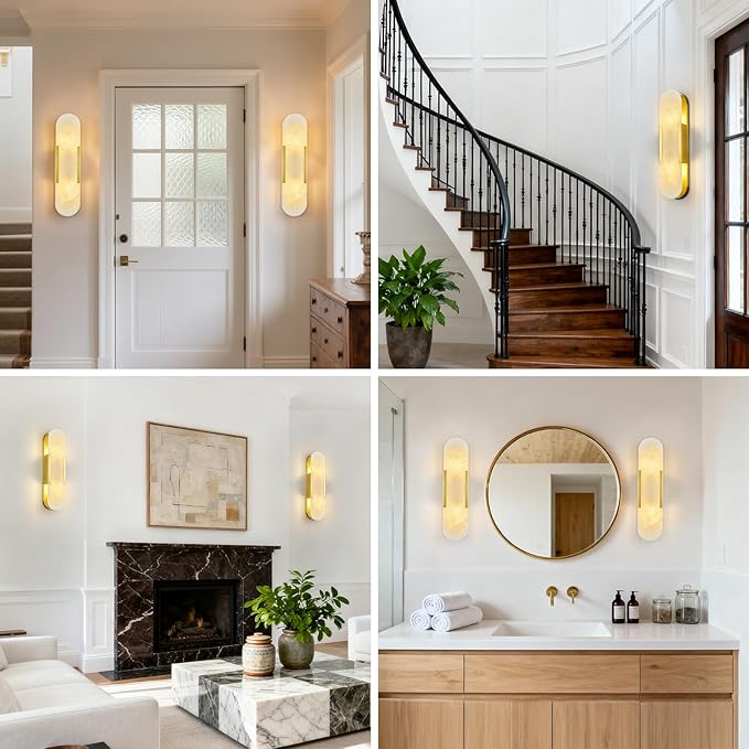 Brass Alabaster Wall Sconce, Modern Natural Marble Wall Sconces for Indoor Lighting, 19.7 in Gold Wall Lights for Bathroom Dining Room Stairs Bedroom (1-Pack)
