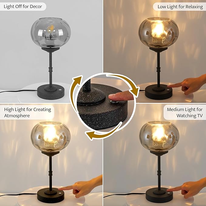 Hammered Glass Table Lamp Black Portable Dimmable Brightness Small Nightstand Light 3-Way Touch Control Stepless Dimming Bedside Bedroom Living Room