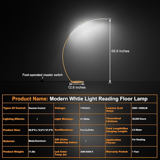 Modern Gold Arched Standing Floor Lamp - 69.99 Inch, Dimmable, Adjustable Color Temperature, Curved Lamp with Remote for Bedroom and Living Room