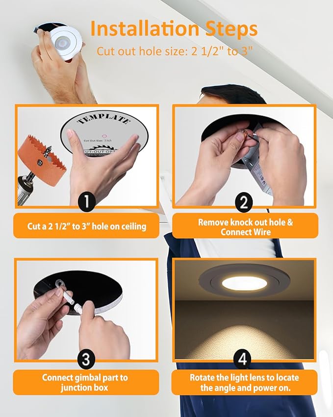 Gold Recessed Lighting Fixtures 3inch - 7W Canless CCT Selectable Gimbal Ceiling LED Recessed Lights,Dimmable Indoor Swivel Downlight for Accent Lighting,360° Adjustable 90° Tilt Spotlights 6Pack Gold