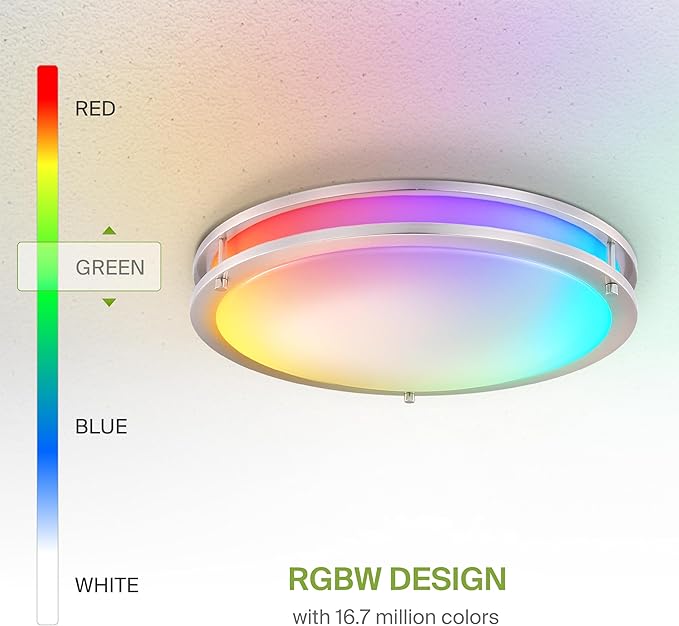 ASD LED 18" Round Flush Mount Lighting, Close to Ceiling Light Fixture | Smart, Multicolor, Dimmable, ETL Listed | 28W 1850LM RGB-2700-6500K 120V | Low Profile Double Ring Lamp | Nickel