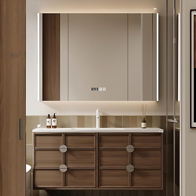 Bathroom Vanity - Wall Mounted Cabinet with 4 Drawers & Integral Ceramic Wash Basin | Smart Mirror Including LED Light Defogging (Style A, 44in)