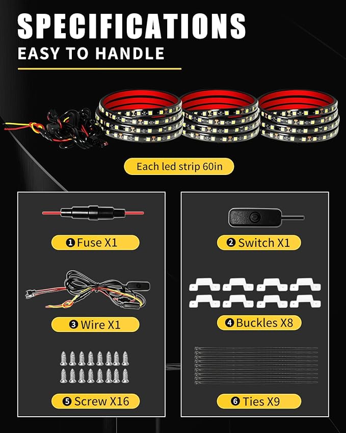 Qasim Truck Bed Light Strip 3PCS 60" Inch 270 LEDs White Led Strip Lights Waterproof for Truck Cargo Pickup Van SUV RV Boat Lights, with On/Off Switch Blade Fuse