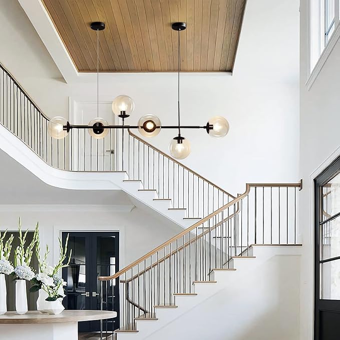 KCO Lighting 6-Light Modern Globe Sputnik Chandelier Mid Century Black Pendant Light Chandelier Dining Room Linear Pendant Lighting Kitchen Island Adjustable Pendant Light Fixtures (Black+Amber)