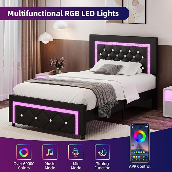 BarnFurin Twin Bed Frame with LED Lights, Upholstered Platform Bed with Diamond Tufted Headboard, No Box Spring Needed, Noise Free, Easy Assembly, Black