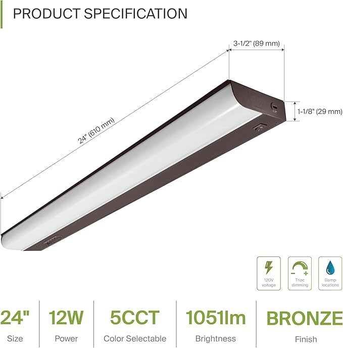 ASD 12 Pack 24 Inch Hardwired LED Under Cabinet Lights, On/Off & 5CCT Switch 2700K-5000K, 12W 1051LM, Direct Wire Low Profile Linkable Fixture, Dimmable Under Counter Kitchen Lighting, Bronze, UL