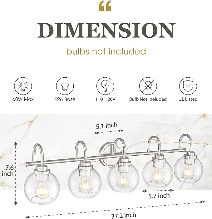 Bathroom Light Fixtures, 5-Light Brushed Nickel Vanity Lights Over Mirror with Globe Clear Glass, 35 Inch Modern Vanity Lighting Fixtures, AD-22280-5W-SN