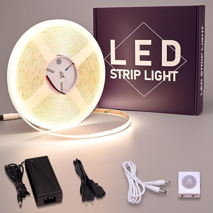 GOMING Motion Sensor COB LED Light Strip 32.8ft(10M) Natural White 4000K 3 Lighting Modes 3 Timing Off Modes 3 Brightness Modes with Power Adapter for Kitchen Cabinets Stair Showcase Bedroom Bed