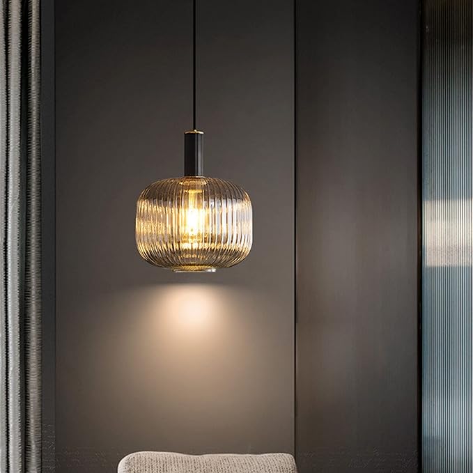 Pendant Light Black Lamp Holder and Glass Striped Light Shade Modern Pendant Lighting for Kitchen Island Farmhouse Hanging Lights Fixtures (M, Amber)