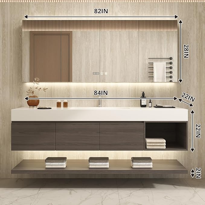 84" Modern Floating Bathroom Vanity Set with Sink, LED Smart Mirror Cabinet, 3 Soft-Close Drawers and Open Storage Shelves, Grey Oak