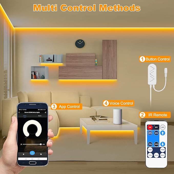 2000K Orange Color Smart COB Led Strip Light with App and Remote Control, 16.4ft 2000K WiFi Yellow Led Light Strip Compatible with Alexa Google, Dimmable Indoor Led Lights for Home, Hotel