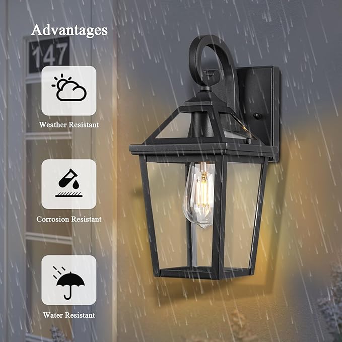 Colonial Outdoor Light Fixture Wall Mount, Exterior Light Fixture Wall Sconces with Clear Glass for Front Porch, Waterproof Outdoor Wall Lantern in Black Finish for House, Doorway, Garage, Patio