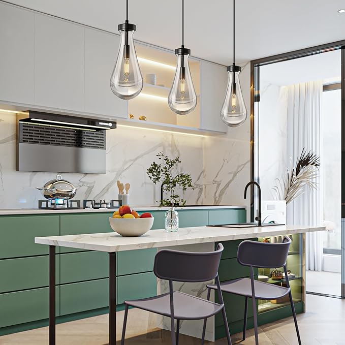 Raindrop Pendant Lights Kitchen Island Set of 3 Teardrop Black Hanging Light Fixtures Clear Solid Glass Pendant Light Modern Chandeliers for Dining Room Porch Corridor Living Room