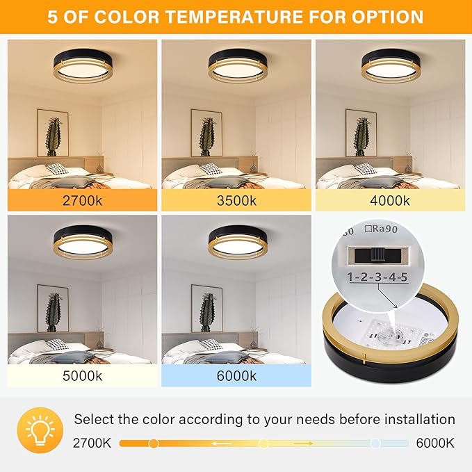 Dimmable Black and Gold Flush Mount Ceiling Light, Modern Round LED Ceiling Lights Fixture, Kitchen Flushmount Light for Bedroom Hallway Laundry Room 2700 K-6000 K 5CCT