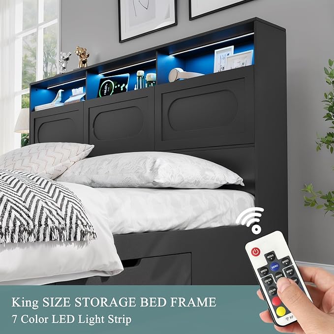 Black King Bed Frame with Storage Drawers, King Size Bed Frame with 48" Tall Storage Headboard and Charging Station, Platform Bed with LED Lights, No Box Spring Needed, Easy Assembly