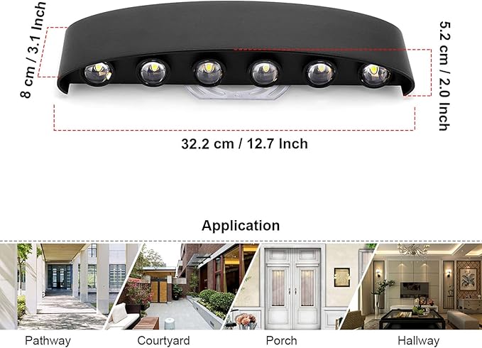 Kawell 12W Waterproof Modern Wall Light LED Wall Lamp Aluminum LED Wall Sconce Up Down Indoor Outdoor for Bedroom Bathroom Hallway Porch Corridor Hotel Doorway Garden Pathway, Black 6000K