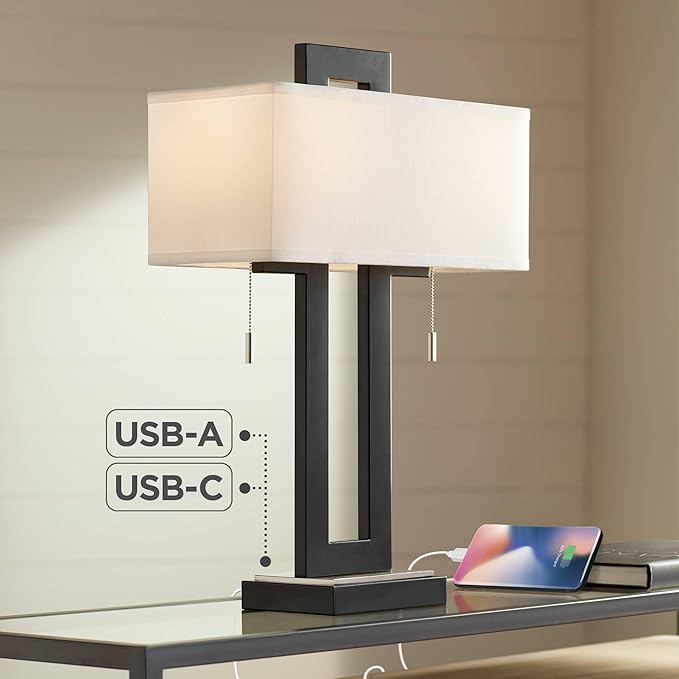 360 Lighting Neil 26" High Modern Rustic Table Lamp with USB Ports A+C Charging Black Open Metal White Fabric Rectangular Shade for Bedroom Living Room House Home Bedside Nightstand Office Family