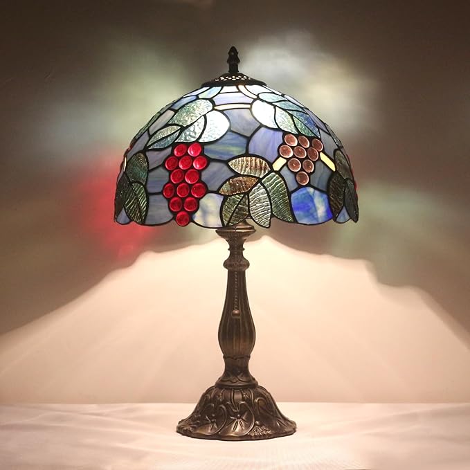 Stained Glass Table Lamp,12x12x19 Inch Antique Table Lamp for Tiffany Style Bedroom、Living Room、Home、Office Decor Lamp (Grape)