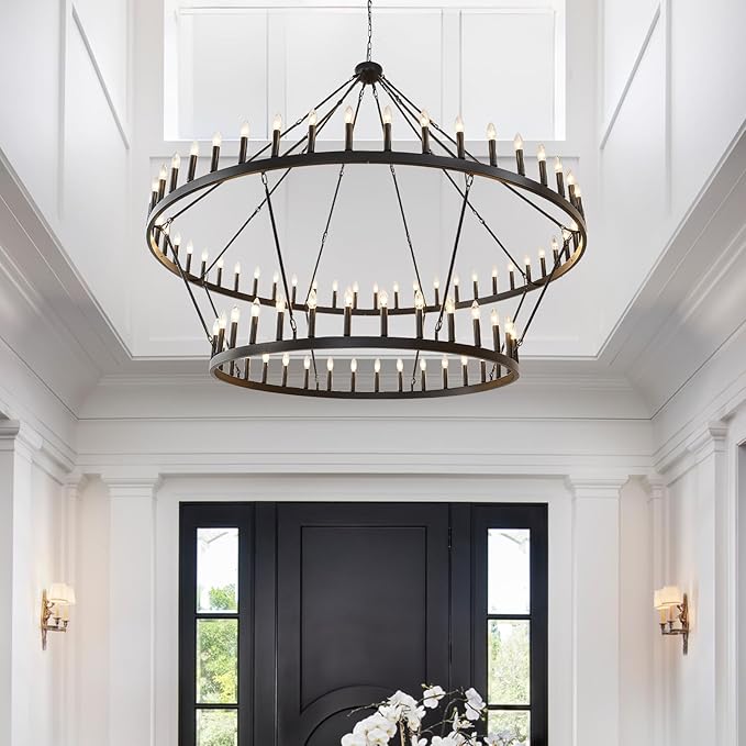 80-Inch Black 2 Tier Wagon Wheel Chandelier, 80-Light Double Tier Extra Large Foyer Lighting, Candle Industrial Round Iron Chandelier for High Ceilings, Dining Room, Entryway, E12