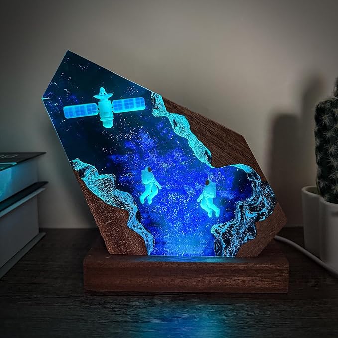 Space Resin Lamp - Handmade Galaxy Resin Night Light with USB Port, Variable Lights, Space Gifts for Adults, Astronaut Enthusiast Collectibles, Unique Birthday Gifts for Him & Her (8"x5")